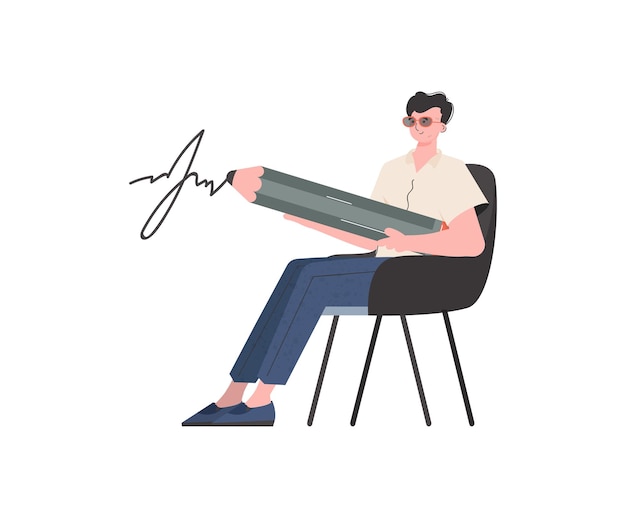 Vector un hombre se sienta en una silla sosteniendo un lápiz grande en sus manos elemento aislado para presentación ilustración vectorial