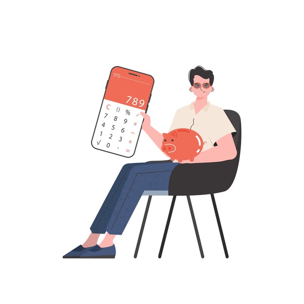 Un hombre se sienta en una silla y sostiene una calculadora y una alcancía en sus manos aisladas sobre fondo blanco Ilustración de vector de estilo de tendencia