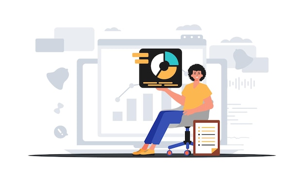 El hombre se sienta en una silla y sostiene un gráfico con estadísticas del concepto de mercado digital Ilustración vectorial de estilo moderno