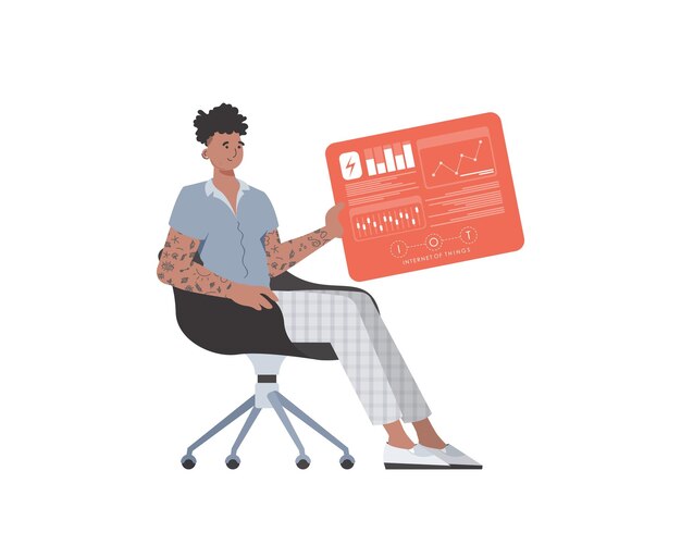 Un hombre se sienta en una silla y sostiene un panel con analizadores e indicadores en sus manos Concepto IoT Ilustración vectorial aislada