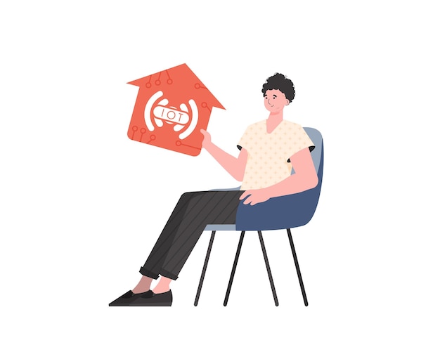 Un hombre se sienta en un sillón y sostiene un icono de la casa en sus manos Internet de las cosas y el concepto de automatización Ilustración vectorial aislada en un estilo moderno y plano