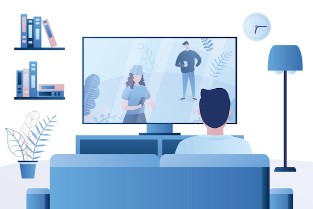 El hombre se sienta en el sofá y mira televisión, personaje masculino, vista posterior, sala de estar, interior, vector, ilustración