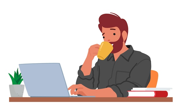 Vector el hombre se sienta en su computadora portátil tomando café absorto en su trabajo el personaje masculino navega a través de sus tareas con enfoque