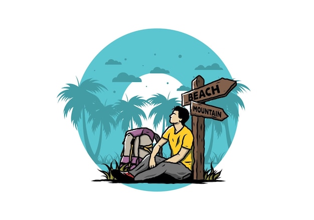 El hombre se sienta en el suelo al lado de la señal de camino ilustración de playa y montaña