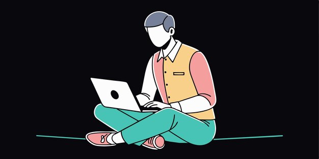 un hombre se sienta en el suelo con una computadora portátil y una computadora