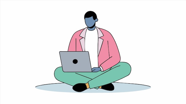 un hombre se sienta en el suelo con una computadora portátil y un hombre con una chaqueta rosa