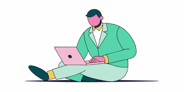 un hombre se sienta en el suelo con una computadora portátil y una imagen de dibujos animados de un hombre trabajando en su computadora portatil