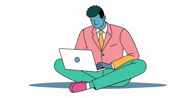 un hombre se sienta en el suelo con una computadora portátil y tiene una pegatina en su regazo