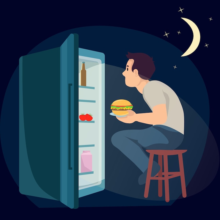 Vector un hombre se sienta en un taburete frente a un refrigerador abierto por la noche y come una hamburguesa