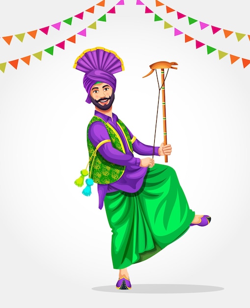 Vector hombre sikh punjabi bailando el baile popular de bhangra con la cuerda de kato con motivo de lohri o baisakhi