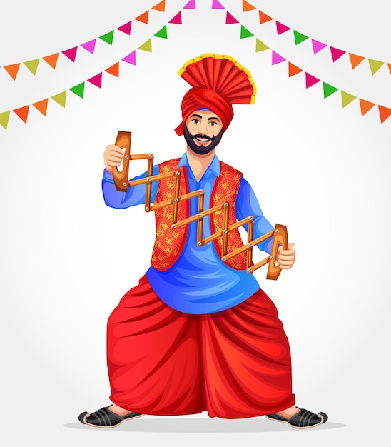 Vector hombre sikh punjabi bailando la danza popular bhangra en ocasiones como lohri o baisakhi