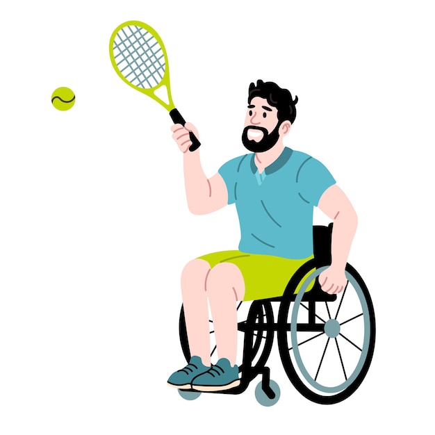 Hombre en silla de ruedas jugando al tenis con raqueta y pelota sobre fondo blanco