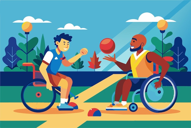 Un hombre en una silla de ruedas lanza una pelota a otro hombre en una silla de ruedas en una actividad recreativa boccia paralímpica Ilustración semi plana personalizable