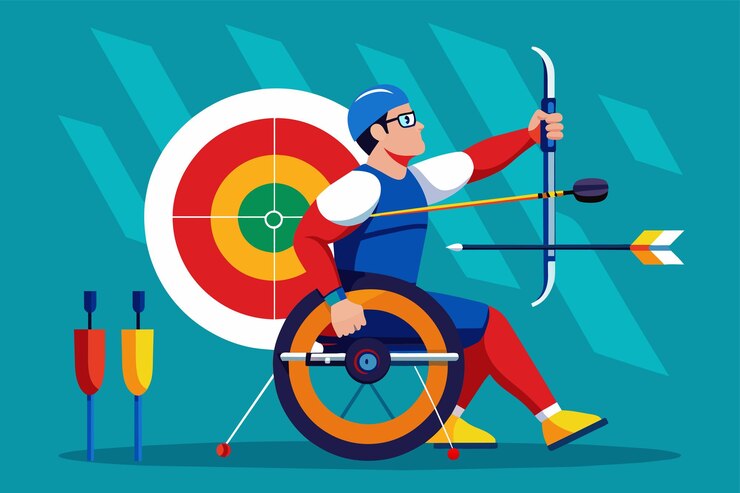 Vector un hombre en silla de ruedas sostiene un arco y una flecha preparándose para el tiro con arco paralímpico ilustración semi plana personalizable