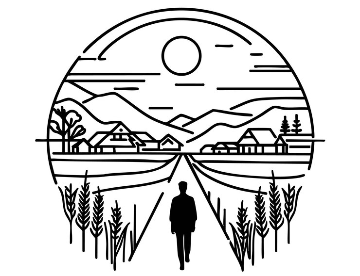 Hombre silueta negra caminando por el camino del pueblo boceto garabateos paisaje