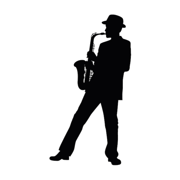 Vector hombre con silueta de saxofón músico de jazz silueta de saxofonista