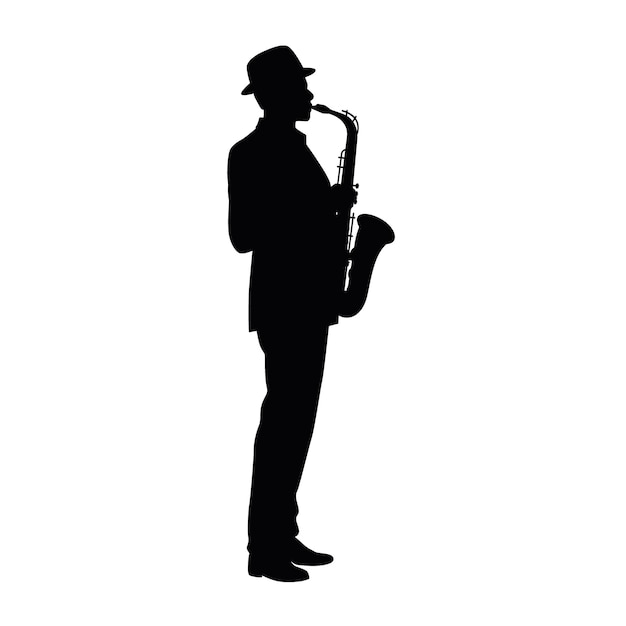 Vector hombre con silueta de saxofón músico de jazz silueta de saxofonista