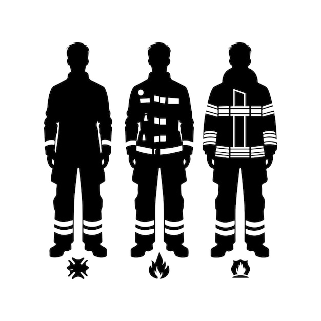 Hombre con silueta de uniforme de bomberos vector de bomberos en blanco y negro