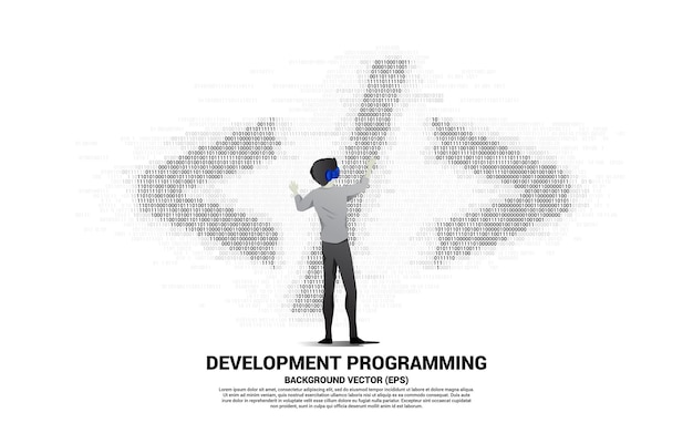 El hombre silueta usa una etiqueta de programación de desarrollo de software de gafas VR con estilo de matriz de uno y cero dígitos Concepto de tecnología de realidad virtual digital y AR
