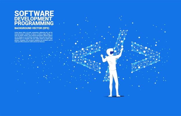 El hombre de silueta usa gafas VR etiqueta de programación de desarrollo de software con línea de conexión de punto poligonal Concepto de tecnología de realidad virtual digital y AR