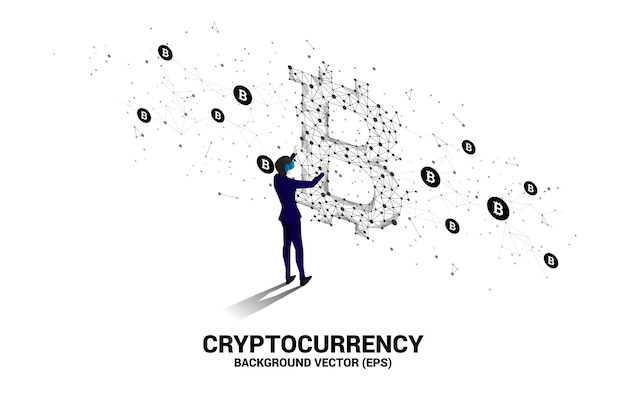 El hombre de la silueta usa gafas VR con el icono de bitcoin de la línea de conexión de puntos Polygon Concepto para tecnología de criptomonedas y conexión de red financiera