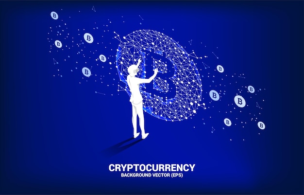 El hombre de la silueta usa gafas VR con el icono de bitcoin de la línea de conexión de puntos Polygon Concepto para tecnología de criptomonedas y conexión de red financiera