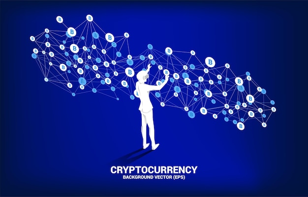 El hombre de la silueta usa gafas VR con el icono de bitcoin de la línea de conexión de puntos Polygon Concepto para tecnología de criptomonedas y conexión de red financiera