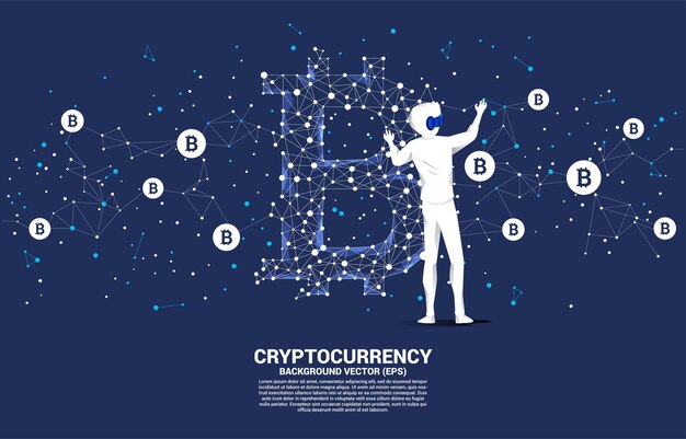 El hombre de la silueta usa gafas VR con el icono de bitcoin de la línea de conexión de puntos Polygon Concepto para tecnología de criptomonedas y conexión de red financiera
