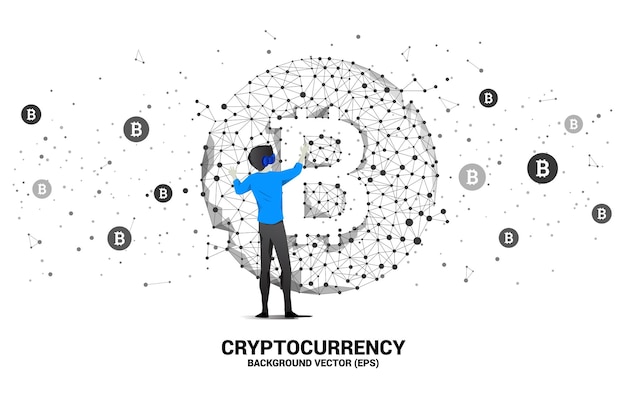 El hombre de la silueta usa gafas VR con el icono de bitcoin de la línea de conexión de puntos Polygon Concepto para tecnología de criptomonedas y conexión de red financiera