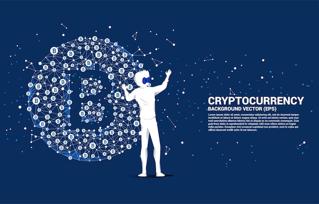 El hombre de la silueta usa gafas VR con el icono de bitcoin de la línea de conexión de puntos Polygon Concepto para tecnología de criptomonedas y conexión de red financiera