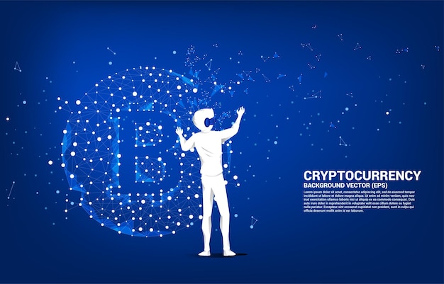 El hombre de la silueta usa gafas VR con el icono de bitcoin de la línea de conexión de puntos Polygon Concepto para tecnología de criptomonedas y conexión de red financiera