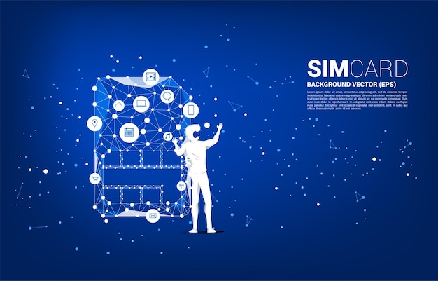 El hombre de la silueta usa gafas VR y la línea de conexión de puntos y el icono de la tarjeta sim Concepto para la tecnología y la red de la tarjeta sim móvil