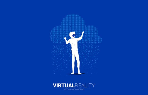 El hombre silueta usa gafas VR con píxel en la nube Concepto de tecnología de realidad virtual digital y AR