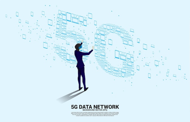 El hombre silueta usa gafas VR y tecnología de datos 5G del icono del dispositivo Concepto para la red global de telecomunicaciones móviles