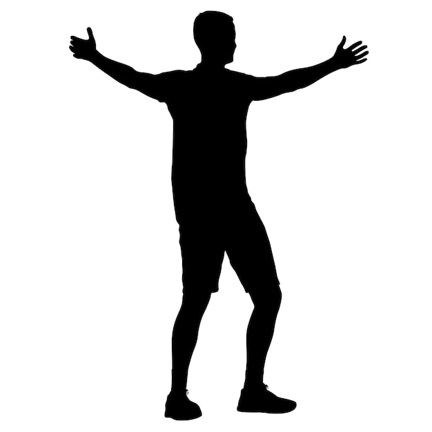 Vector hombre de siluetas negras con el brazo levantado sobre un fondo blanco