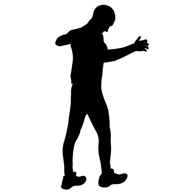 Hombre de siluetas negras con el brazo levantado sobre un fondo blanco