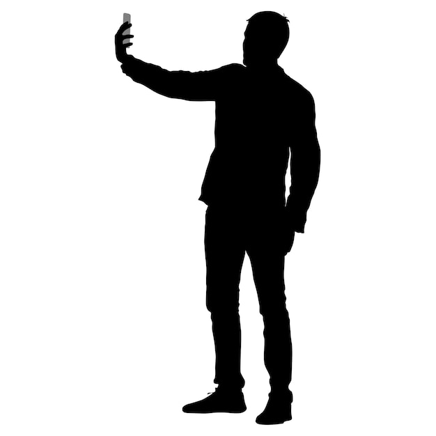 Hombre de siluetas tomando selfie con smartphone sobre fondo blanco Ilustración vectorial