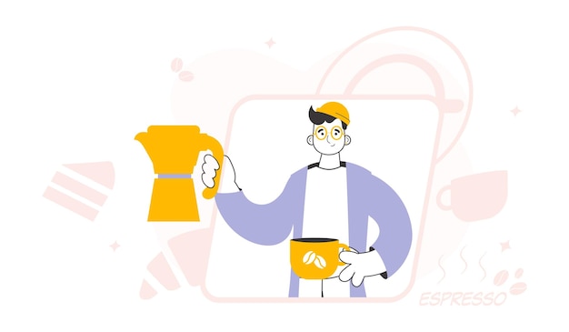 El hombre sirve café Línea arte estilo moderno Ilustración vectorial