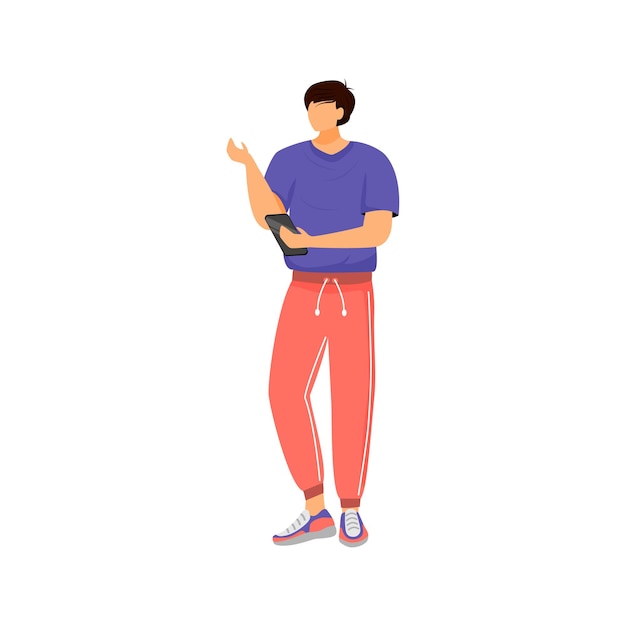 Hombre con smartphone, personaje sin rostro de color plano de cliente en línea. Chico en ropa deportiva, chico haciendo pedido en línea aislado ilustración de dibujos animados para diseño gráfico web y animación