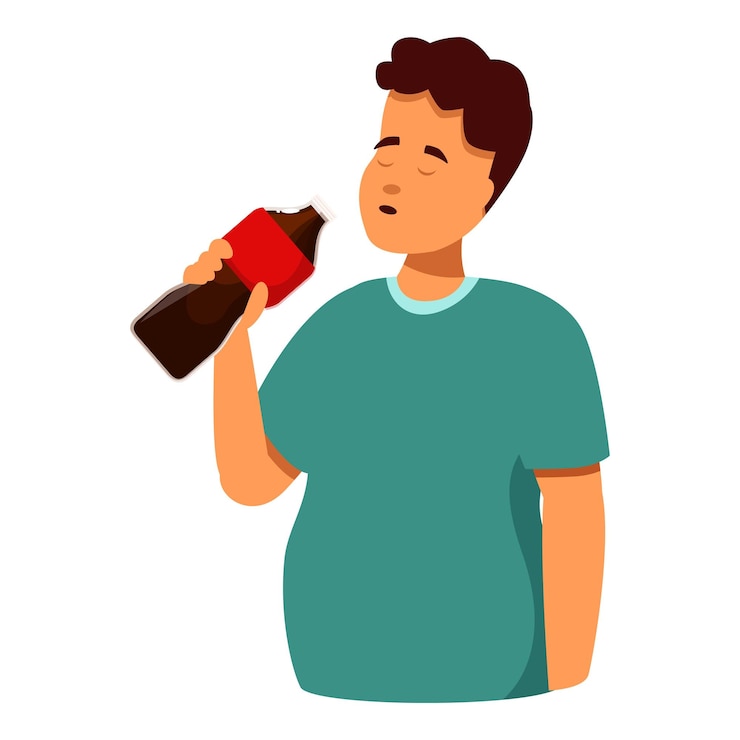 Vector hombre con sobrepeso bebiendo refresco de la botella