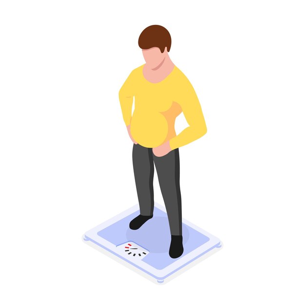 Un hombre con sobrepeso se encuentra en la ilustración de Vector de escalas