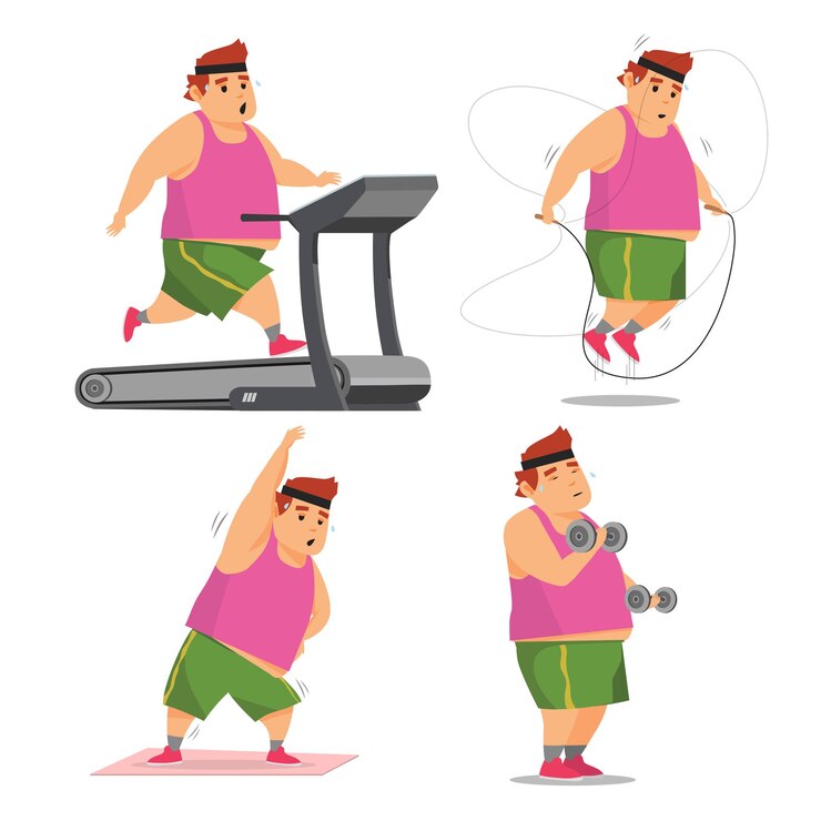 Vector hombre con sobrepeso haciendo ejercicio