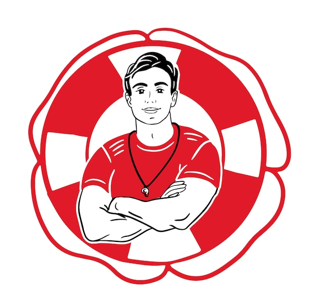 Hombre socorrista salvavidas en el fondo del aro salvavidas, logotipo. Imagen de socorrista dibujada a mano en garabato