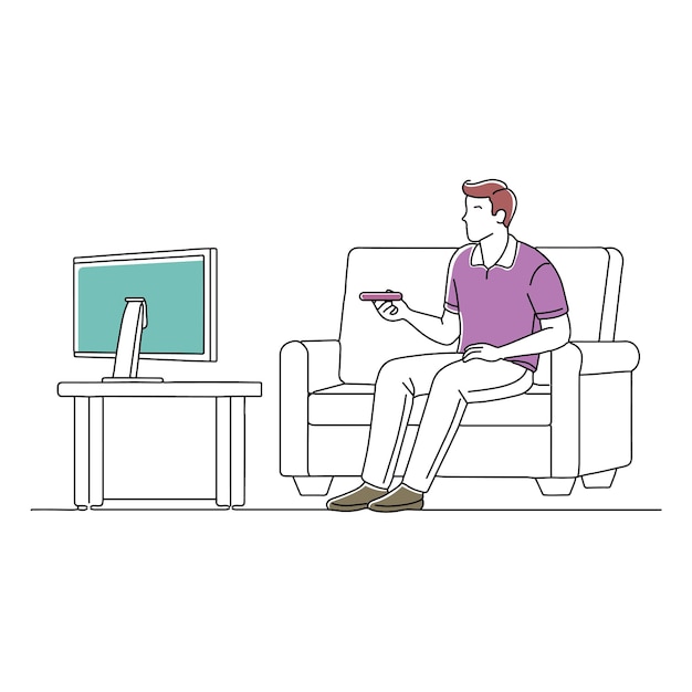 Hombre en el sofá viendo la televisión cambiando de canal garabateando ilustración de línea continua de arte vetor
