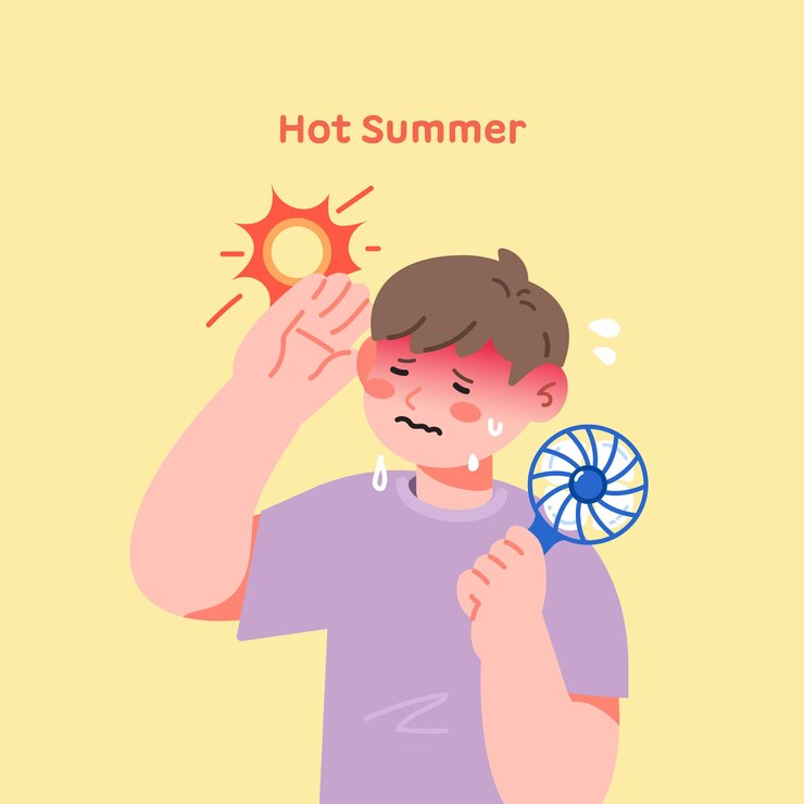 Vector un hombre con un sol caluroso de verano y una mano sosteniendo un verano caluroso