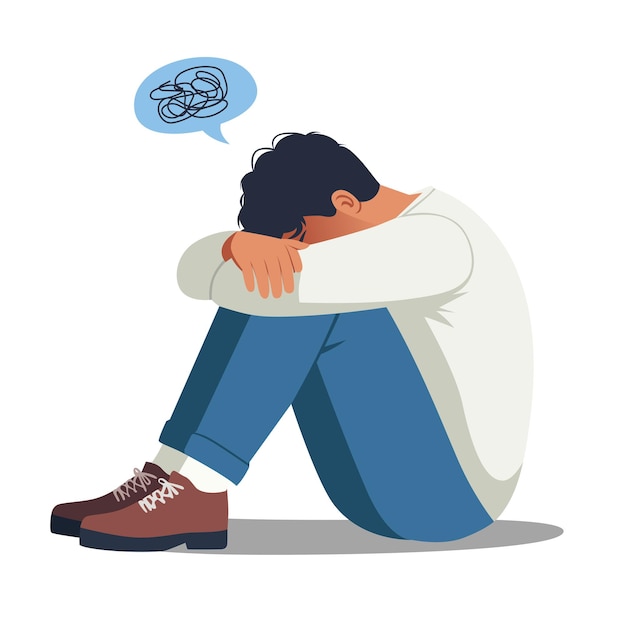 hombre solitario sentado en el suelo abrazando las rodillas concepto de salud mental depresión vector ilustración plana