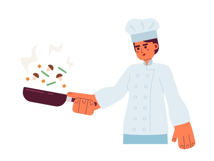 Vector hombre con sombrero de chef con carácter vectorial colorido semi plano editable hombre caucásico de medio cuerpo volteando verduras en blanco ilustración simple de dibujos animados para diseño gráfico web