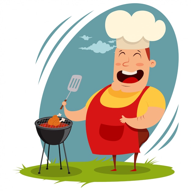 Hombre en un sombrero de chef cocinar un pollo entero en la barbacoa. ilustración de dibujos animados de un hombre gordo feliz con una espátula culinaria prepara una comida a la parrilla en la barbacoa.