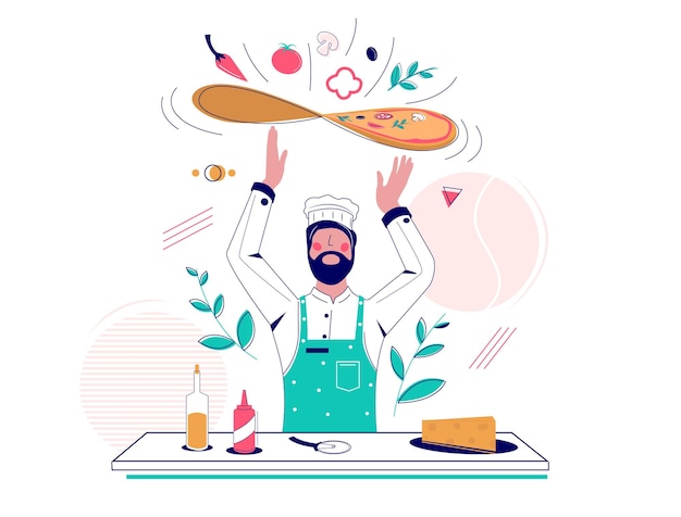 Hombre con sombrero de chef y delantal lanzando pasta de pizza ilustración plana vectorial cocinero de restaurante haciendo pizza italiana concepto de negocio de pizzería para página web de banner etc.