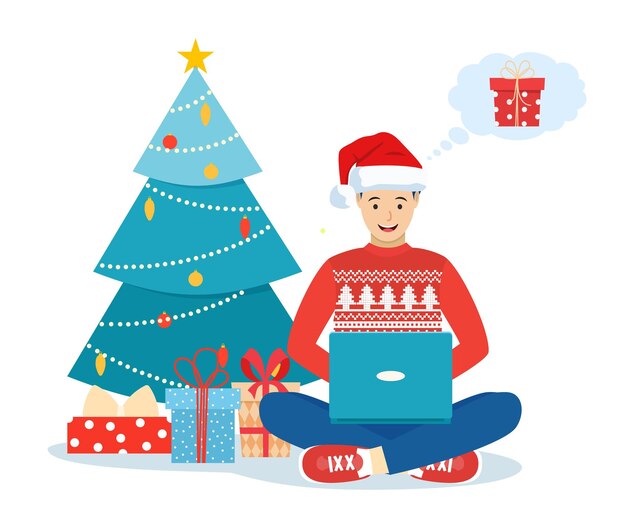 Hombre con sombrero de Papá Noel sentado en el suelo eligiendo regalos de Navidad con computadora portátil Venta en línea Preparándose para las vacaciones de Navidad Ilustración vectorial en estilo plano